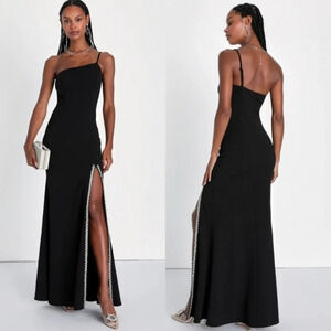 Lulu's Absolutely Sensational Black Rhinestone One-Shoulder Maxi Dress S Party